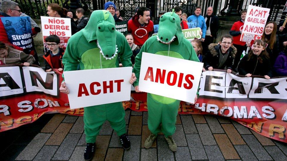 People dressed in crocodile outfits attend a protest in support of Irish language law