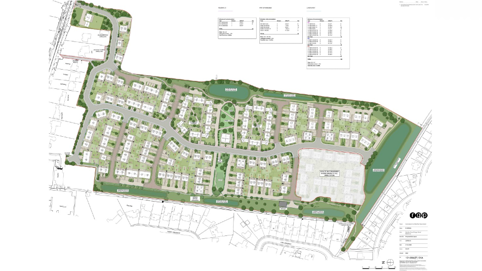 A blueprint of the proposed site layout of the development on land south of Wainfleet Road in Boston. It shows a group of house plots surrounded by green colouring.