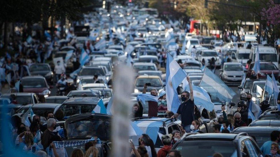 Thousands demonstrate against the Government of Alberto Fernandez, the quarantine and the reform of the Judicial Power, in front of the Obeslico of the city of Buenos Aires, Argentina, 12 October 2020