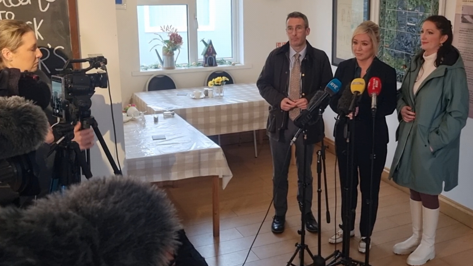 Andrew Muir, Michelle O'Neill and Emma Little-Pengelly speaking to reporters