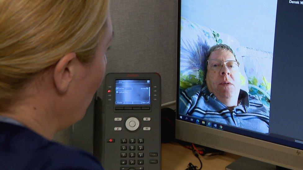 Nurse Pauline Kerray uses the NHS Near Me video call system to chat to Derek White at his Uddingston home to determine if he needs to make the 13-mile trip to the QEUH emergency ward in person