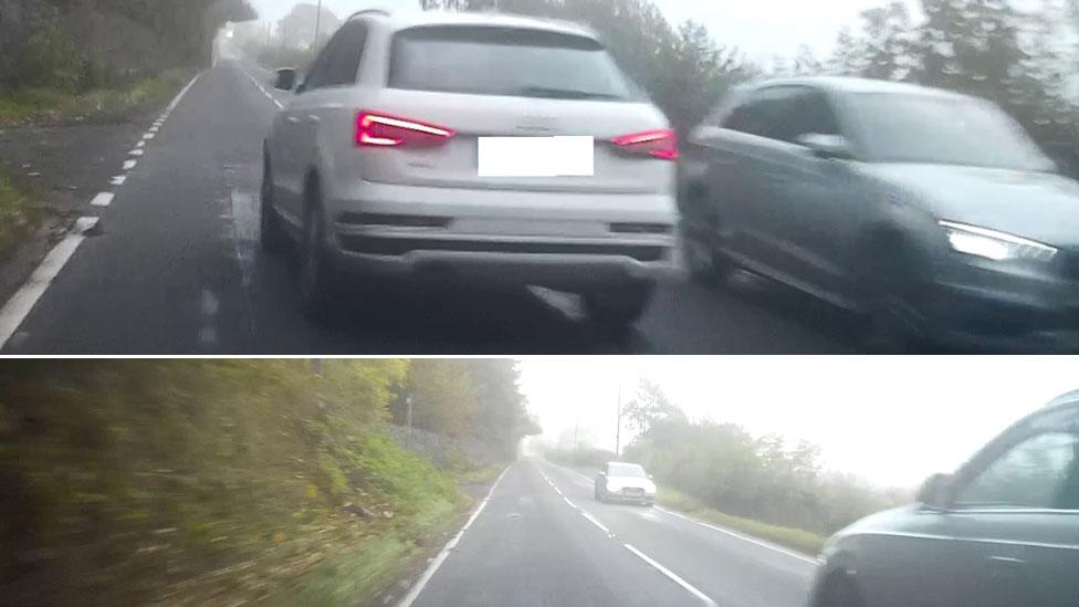 Two photos via dashcam footage show a near miss