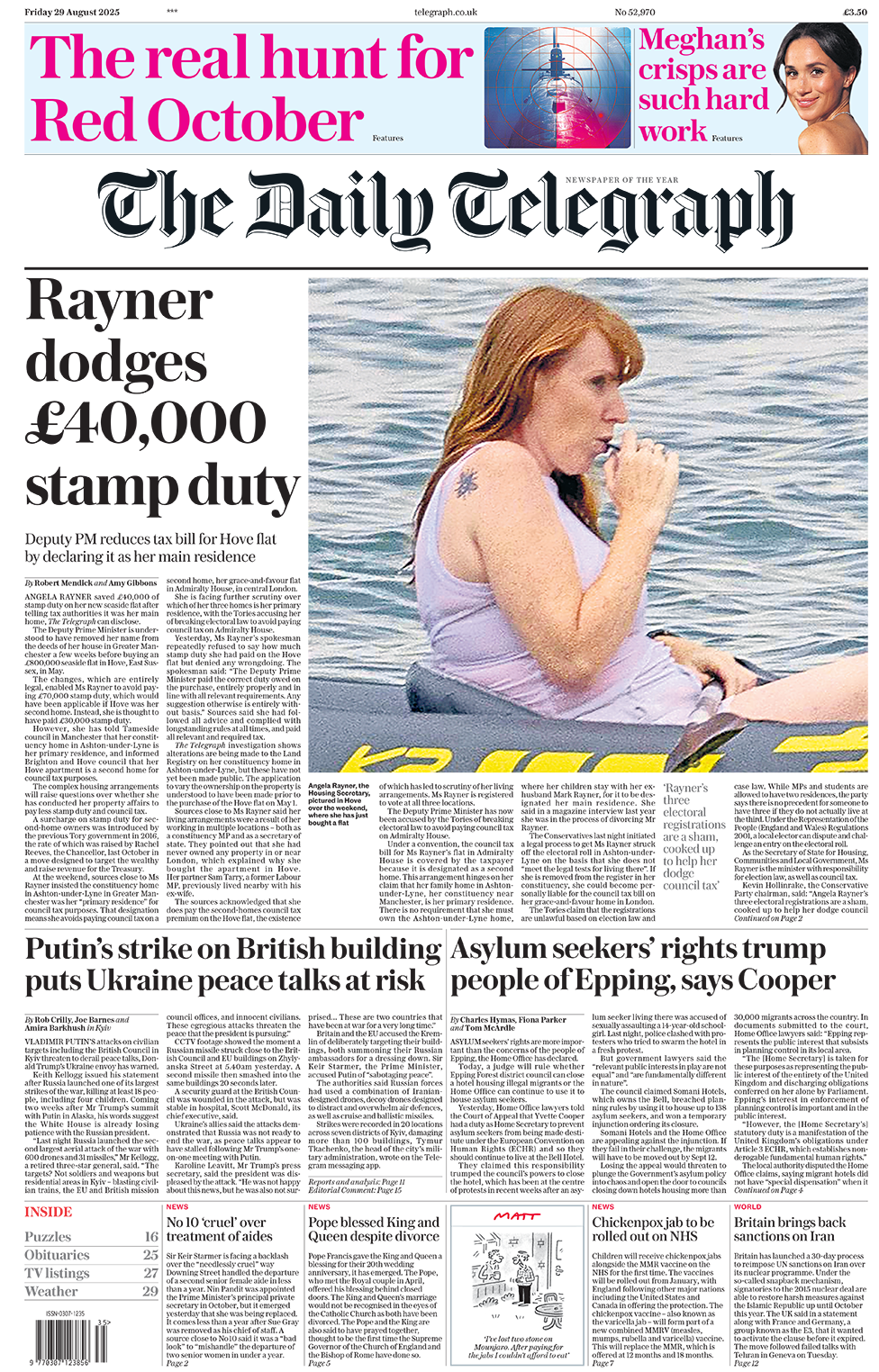 Daily Telegraph front page with headline "Rayner dodges £40,000 stamp duty". There's a picture of Rayner in a sea kayak, appearing to vape.