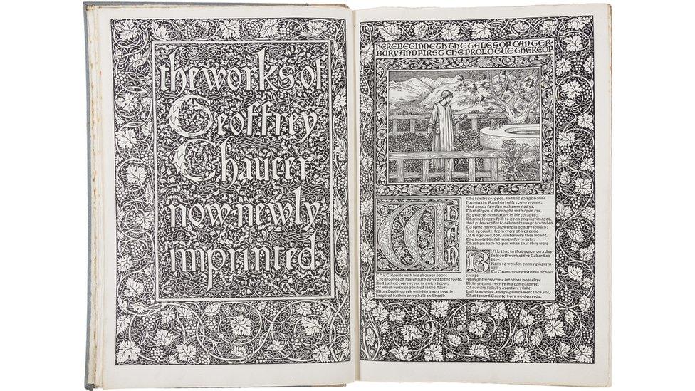 A 1896 edition of the works of Chaucer, with 87 engraved illustrations designed by Pre-Raphaelite artist Edward Burne-Jones