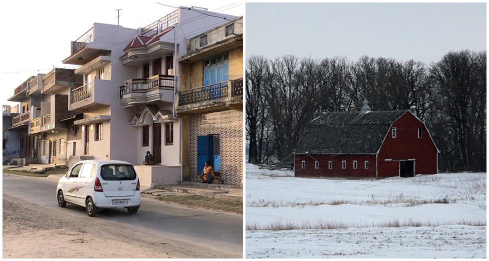 The Patels were found near Emerson, Manitoba (right), thousands of miles away from home in Dingucha (left)