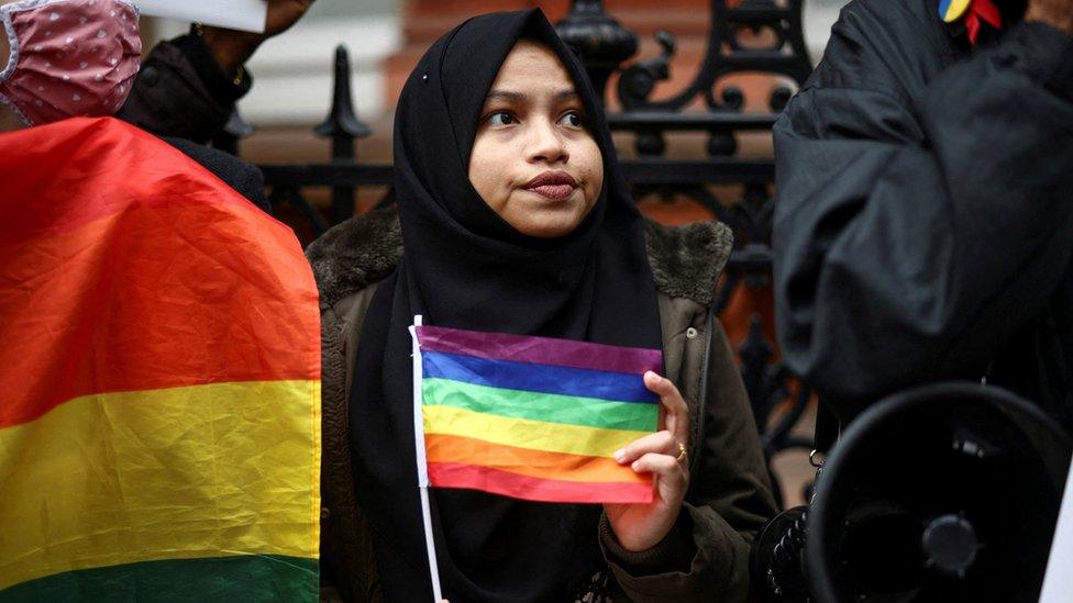 LGBTQ+ protest ahead of World Cup outside Qatar embassy in London