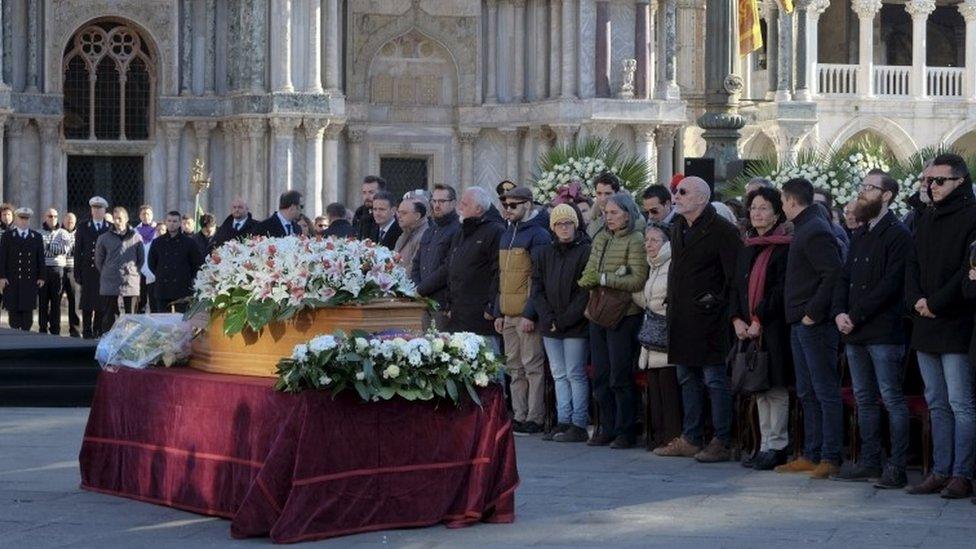 The coffin containing the body of Valeria Solesin is seen during the state funeral in St. Mark's Square in Venice