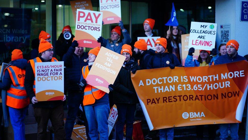 Junior doctors on strike outside Cardiff's University Hospital of Wales