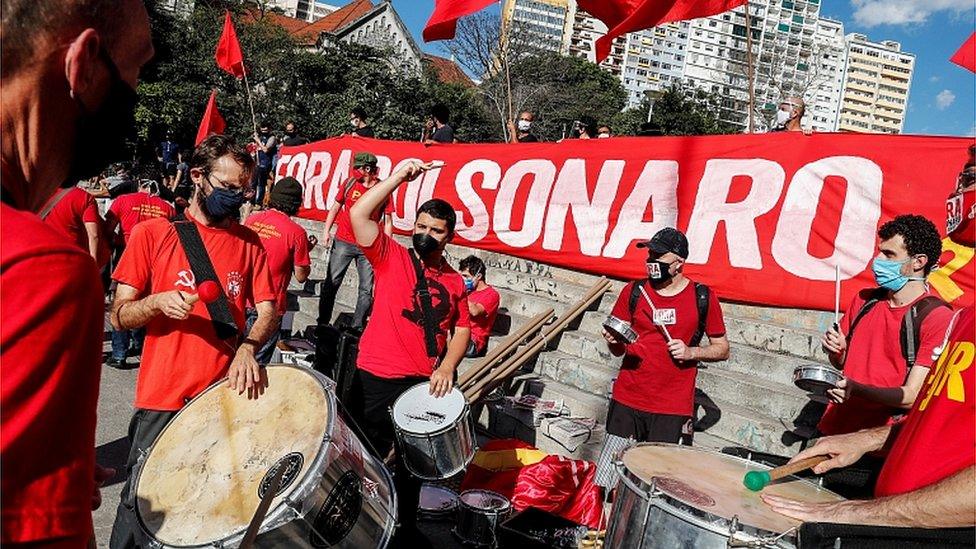 Demonstrators protest against the Brazilian president in Sao Paulo, Brazil, 21 June 2020