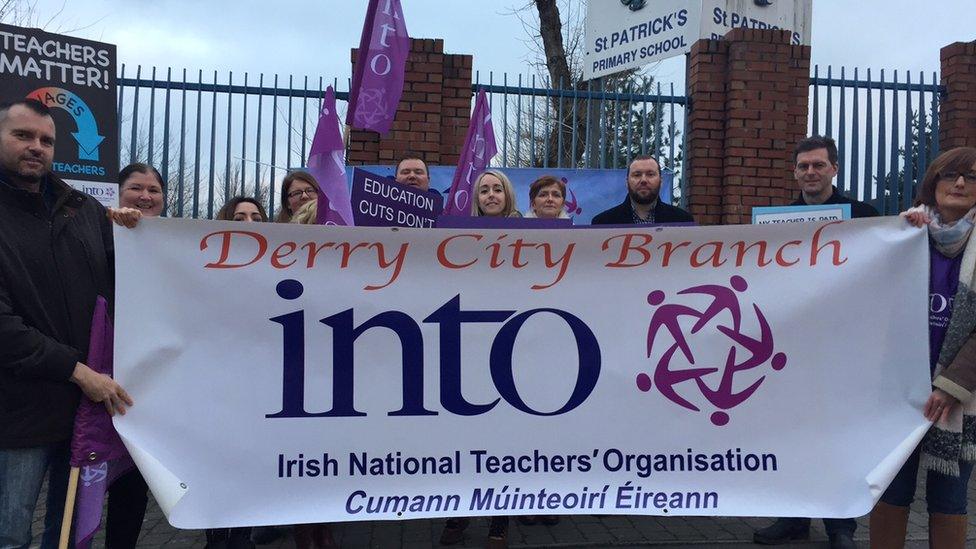 Teachers on strike outside St Patricks Primary School, Derry, 18 January 2017