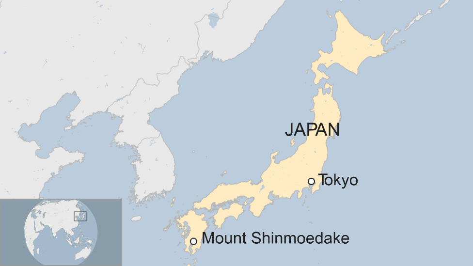 map of Mount Shinmoedake at far end of Japan from Tokyo