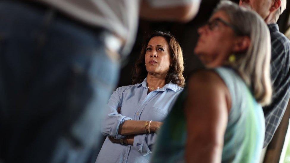 Kamala Harris speaks with voters in Iowa