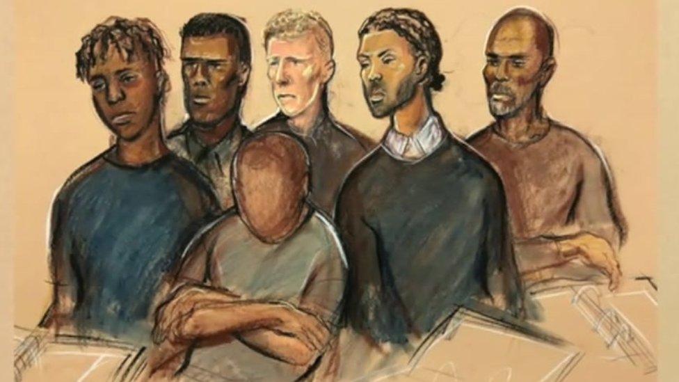 Court sketch of (L-R) Aristote Yenge, Adebayo Amusa, Callum Plaats, Isaac Calver, Leon Glasgow and the 17-year-old boy (front)