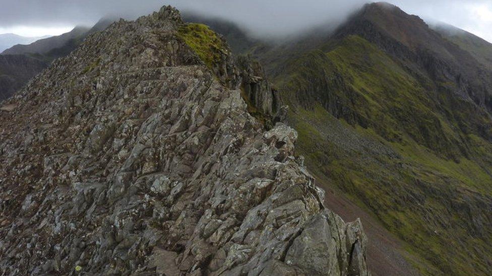 View along the ridge of Crib Goch to Garnedd Ugain and Snowdon