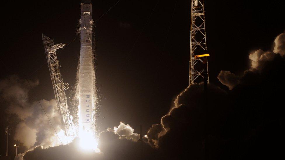 SpaceX's Falcon 9 rocket blasts off from Cape Canaveral, Florida on October 7, 2012. SpaceX's Falcon 9 rocket blasted off on 7 October, launching the cargo-laden Dragon capsule into orbit en route to the International Space Station for NASA's first privately-run supply mission.