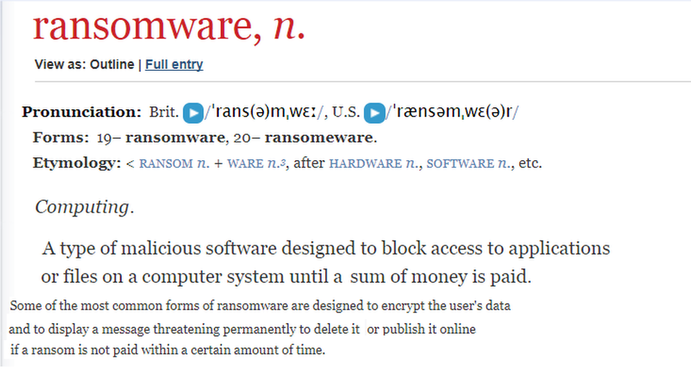 Screengrab of the definition of 'Ransomware' from the Oxford English Dictionary "A type of malicious software designed to block access to applications or files on a computer system until a sum of money is paid".