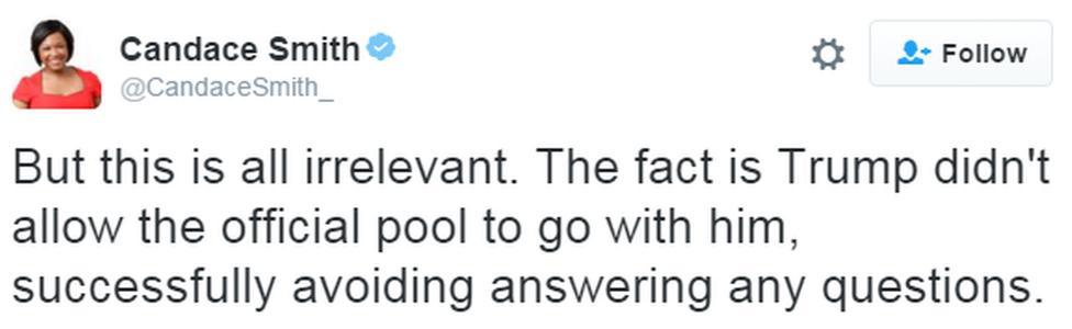 A tweet reads: "But this is all irrelevant. The fact is Trump didn't allow the official pool to go with him, successfully avoiding answering any questions."