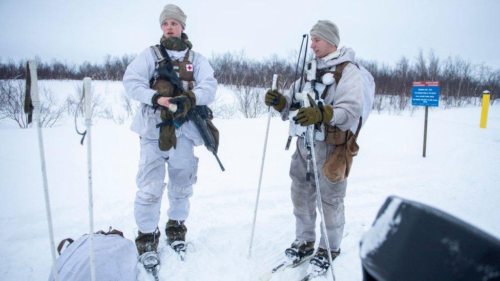 Norwegian troops on patrol along the Russian border