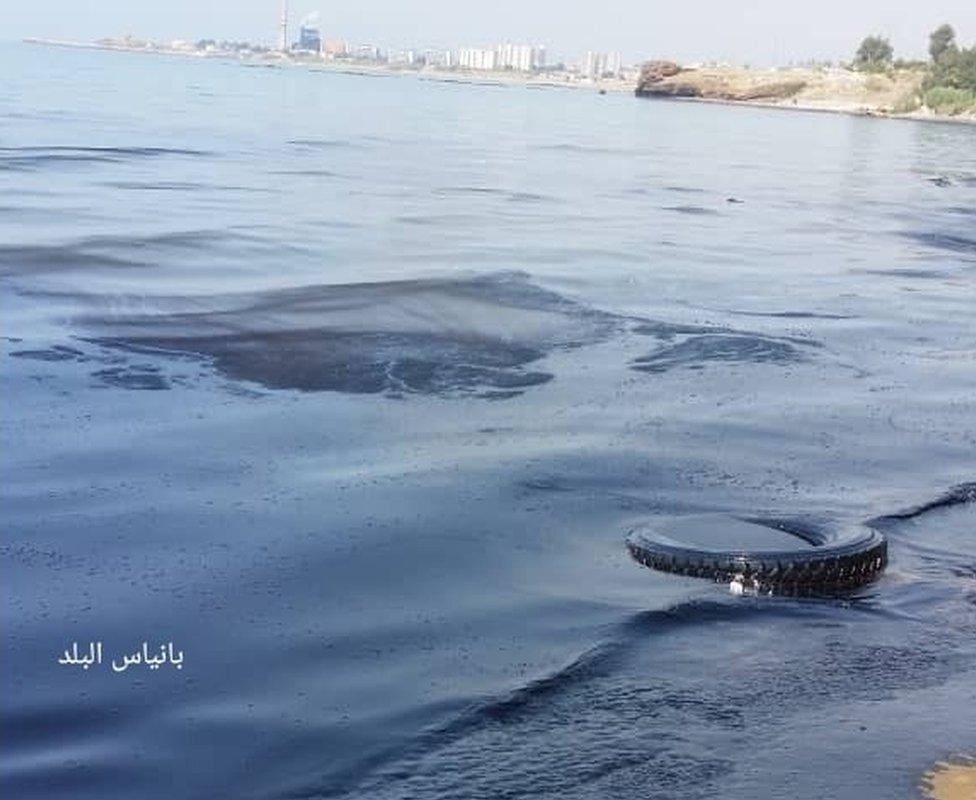 Photograph posted on Facebook group Baniyas al-Balad purportedly showing oil slick on beach near the Syrian Mediterranean port of Baniyas (30 August 2021)