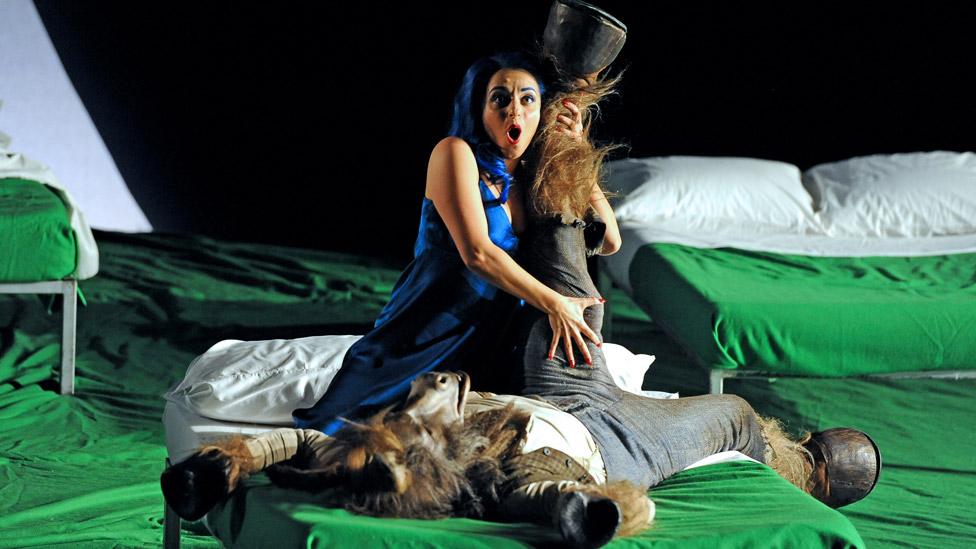 Soraya Mafi as Tytania and Joshua Bloom as Bottom in English National Opera's Production Of Benjamin Britten's A Midsummer Night's Dream in 2018