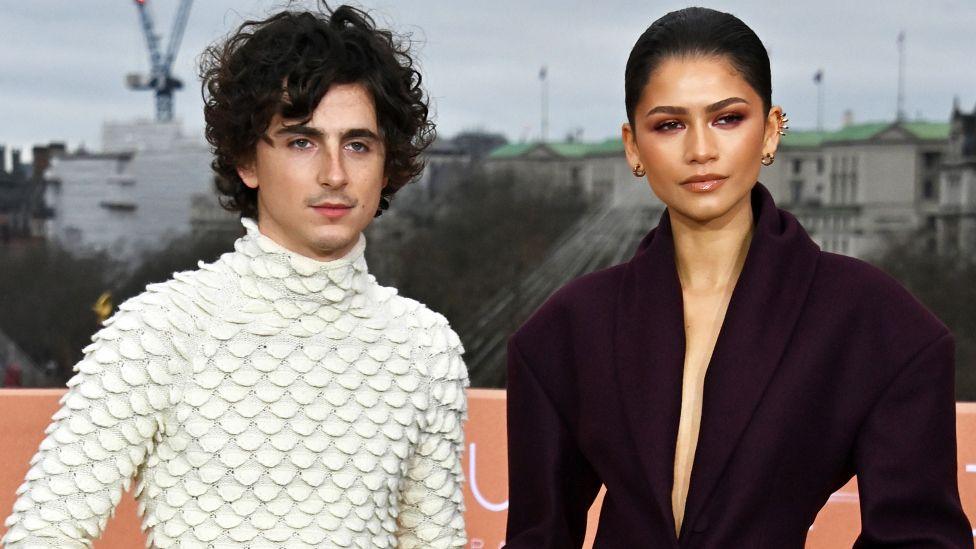 Timothée Chalamet (L) and Zendaya attend the London photocall for Dune: Part Two at IET London on 14 February. Chalamet is wearing a cream polo-neck covered in half disc shapes, while Zandaya has an oversized black jacket on with a deep V-neck.