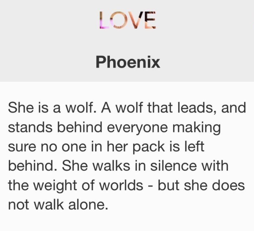 She is a wolf. A wolf that leads, and stands behind everyone making sure no one in her pack is left behind. She walks in silence with the weight of worlds - but she does not walk alone.