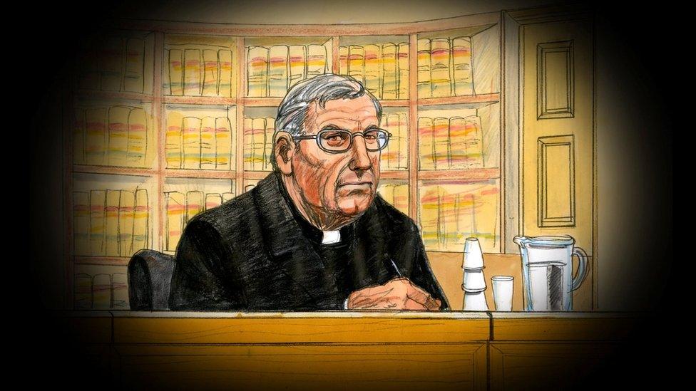 A court sketch of George Pell wearing a black suit and clerical collar in court during his appeal hearing