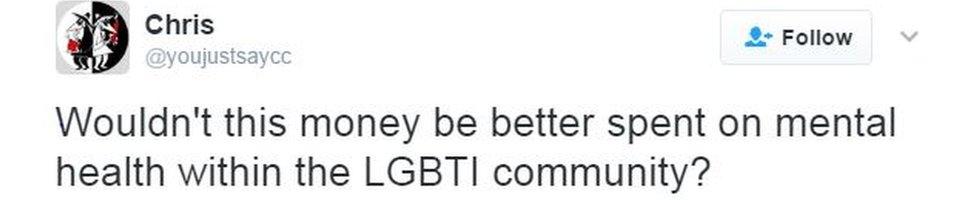 A tweet reads: "Wouldn't this money be better spent on mental health within the LGBT community?"