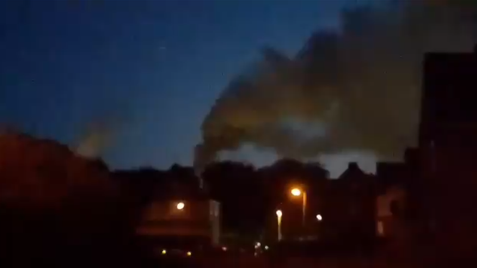 Smoke billowing from part of the Kronospan factory in Chirk