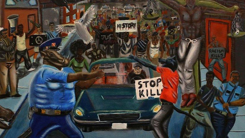 The painting depicts two police officers as pigs, and a protester as a wolf.