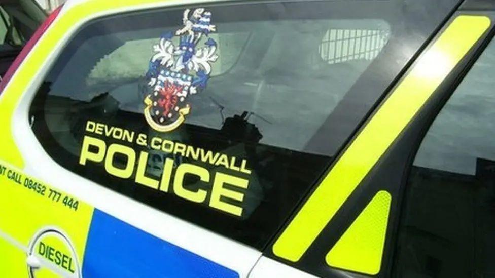 The back window of a Devon and Cornwall Police car. Tex reads: CALL 08452777444, while a fuel cover says DIESEL.