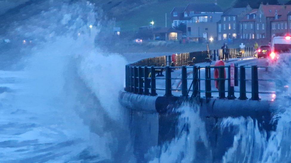 Wind and rain at Sandsend in North Yorkshire