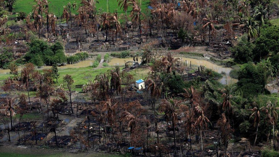 Aerial view of a burned Rohingya village near Maungdaw, north of Rakhine state, Myanmar September 27, 2017