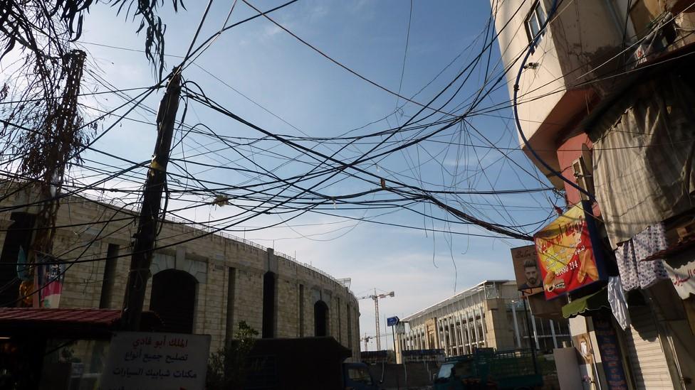 Electricity wires strung between buildings in the Shatila Palestinian refugee camp in Lebanon