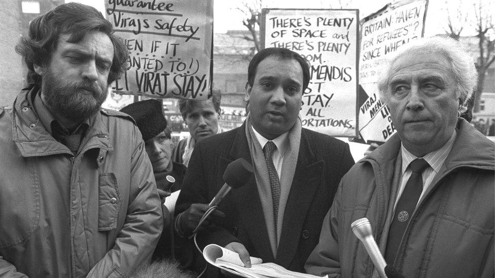 Jeremy Corbyn, Keith Vaz and Bob Litherland speak to the press after visiting Sri Lankan activist Viraj Mendis in London"s Pentonville prison, 1989