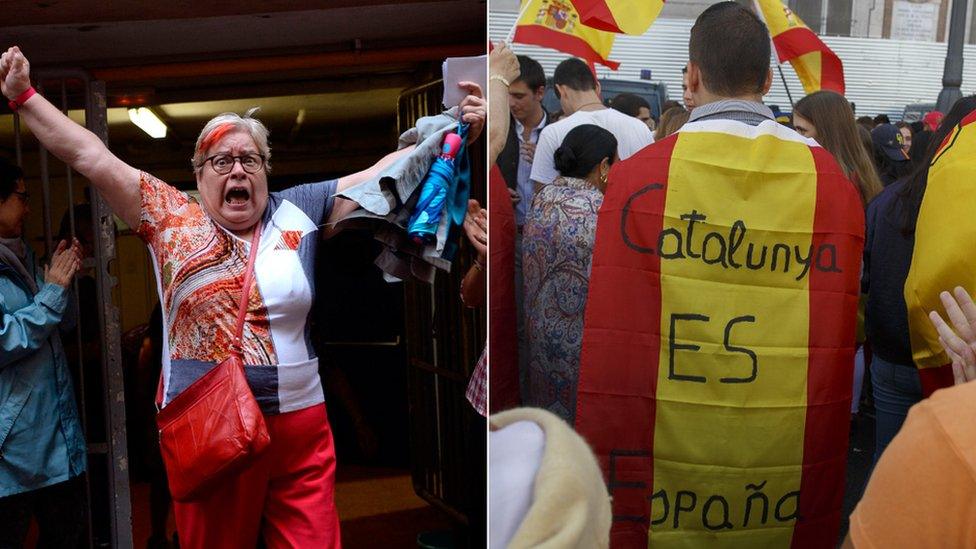 Composite image showing Catalan supporter cheering in Barcelona and pro-unity campaigner in Madrid - 1 October 2017