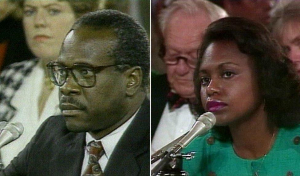 Anita Hill and Clarence Thomas speaking at investigative televised hearing