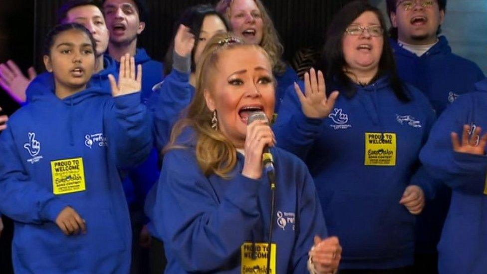 Sonia (centre) singing with the European Youth Refugee Choir