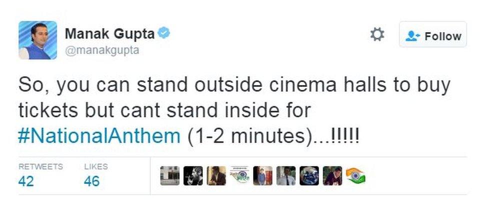 So, you can stand outside cinema halls to buy tickets but cant stand inside for #NationalAnthem (1-2 minutes)...!!!!!