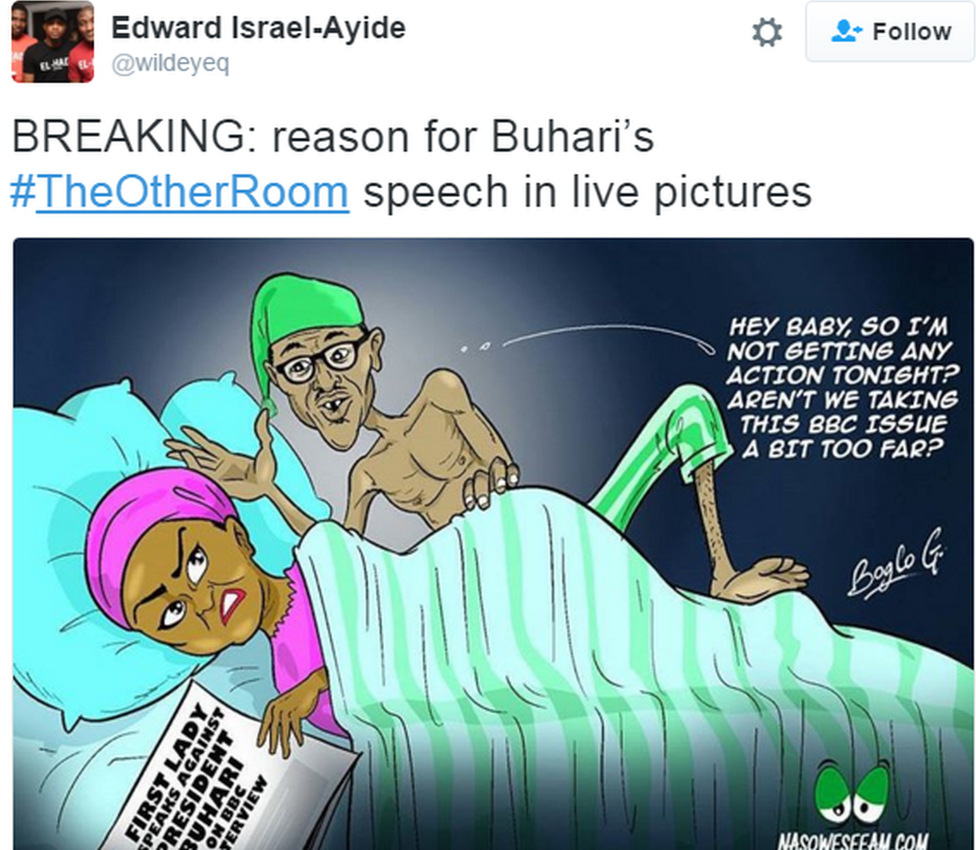 Tweet from Edward Israel-Ayide reads: "Hey Baby, so I'm not getting any action tonight? Aren't we taking this BBC issue a bit too far?"