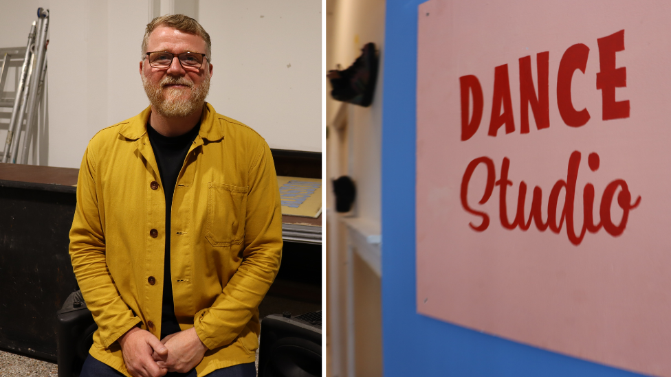 Neal Campbell in a mustard shirt and black tshirt, 
(right image) a door with a pink and red sign that reads "dance studio"