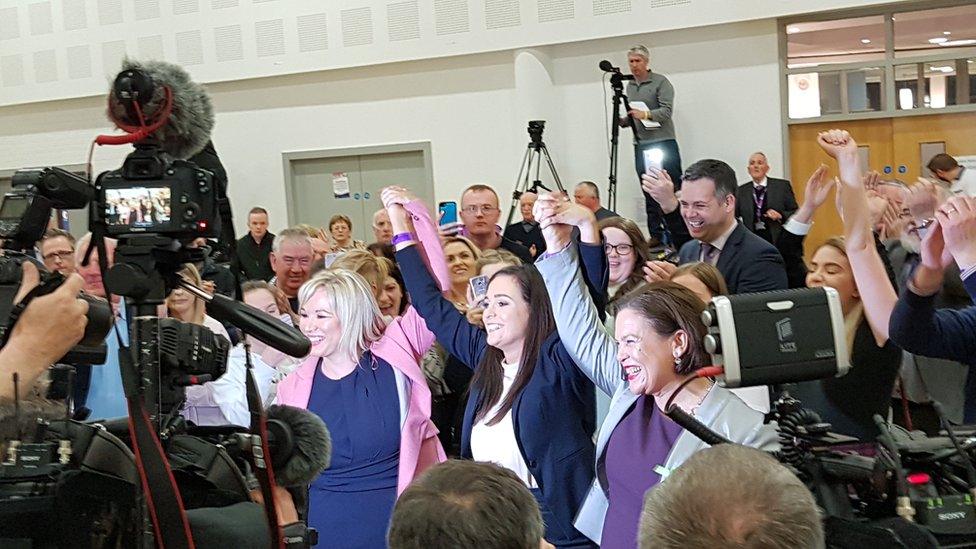 Sinn Féin leaders Mary Lou McDonald, Michelle O'Neill and West Tyrone candidate Órfhlaith Begley