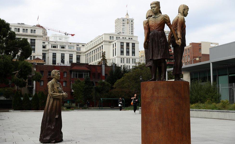 The "Comfort Women" Column of Strength statue seen in San Francisco, California, 3 October 2018