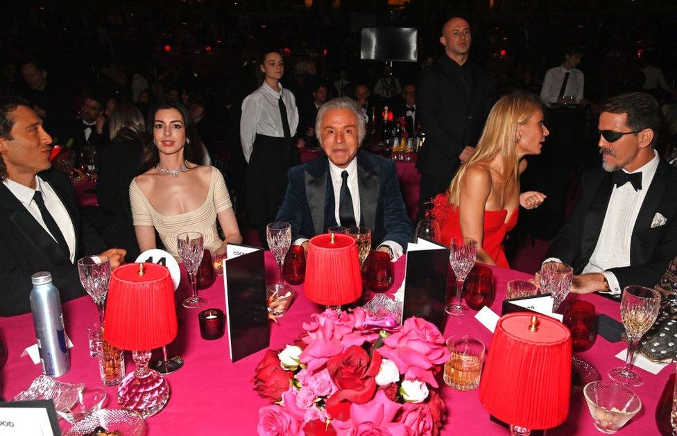 Brad Falchuk, Anne Hathaway, Giancarlo Giammetti, Gwyneth Paltrow and Pavlos, Crown Prince of Greece attend The Fashion Awards 2023 presented by Pandora pre-drinks reception at The Royal Albert Hall on December 4, 2023 in London, England.