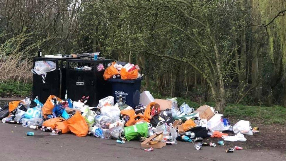 Bins overflowing with litter