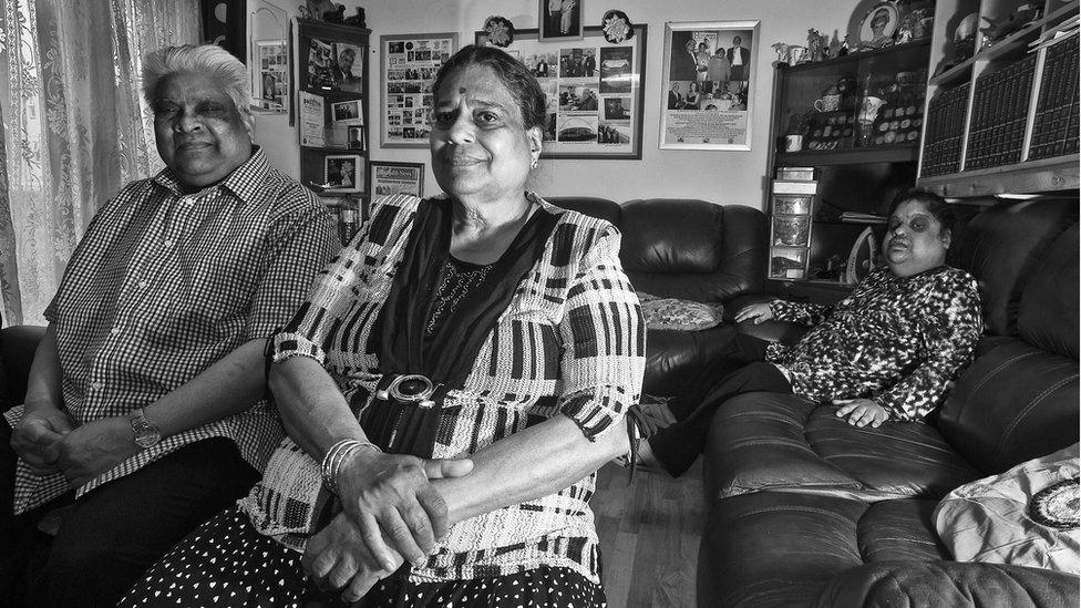 (L to R) Shivakuru, Meenadchyammah and Anutha Selvathurai live in a small small ground floor flat in Harrow