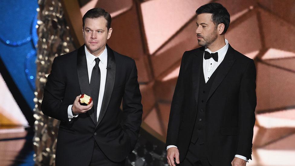 Jimmy Kimmel with Matt Damon at the 2016 Emmy Awards