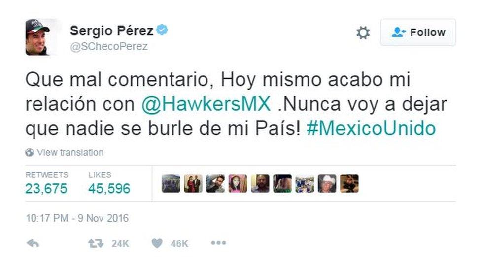 Tweet by Sergio Perez reading: "What a bad comment, today I sever my links with @HawkersMX. I won't let anyone make fun of my country! #MexicoUnited