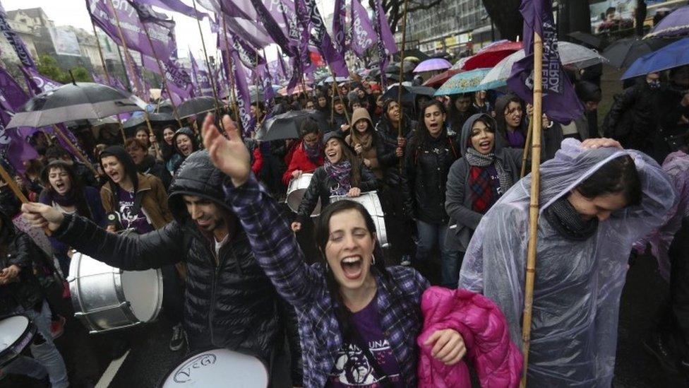 Thousands of people participate in a march called by the social platform "Ni Una Menos" (Not One Less) in Buenos Aires, Argentina, 19 October 2016.