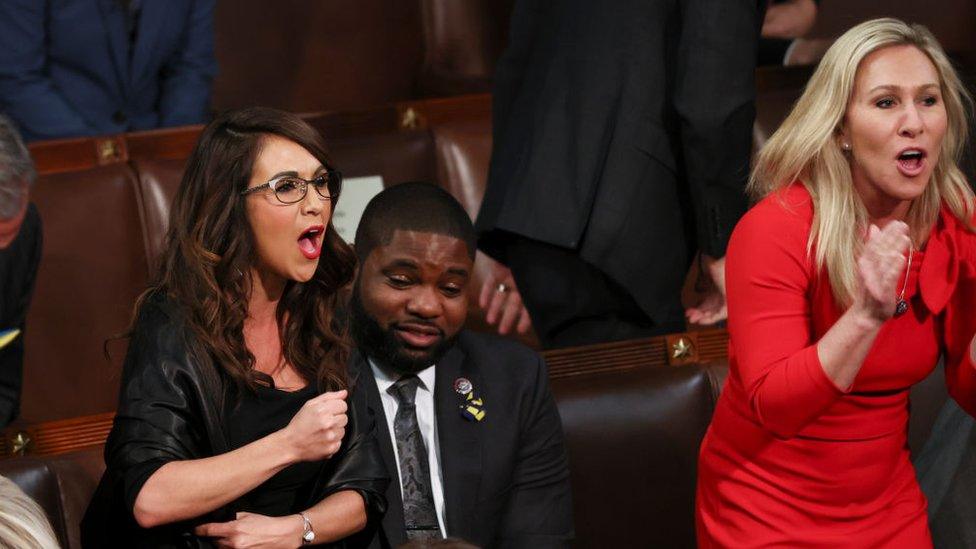 Lauren Boebert and Marjorie Taylor Greene scream "Build the Wall" as US President Joe Biden delivers the State of the Union address